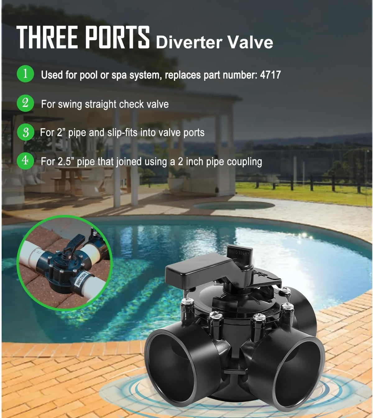 2 Inch 3 Way Pool Valve, Positive Non-Lube Diverter Valve – Thompson ...